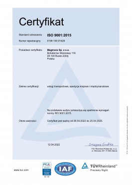Certyfikat ISO 9001:2015 - MAGTRANS