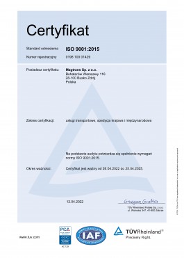 MAGTRANS - Certyfikat ISO 9001:2015