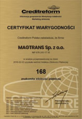 MAGTRANS - Certyfikat Wiarygodności